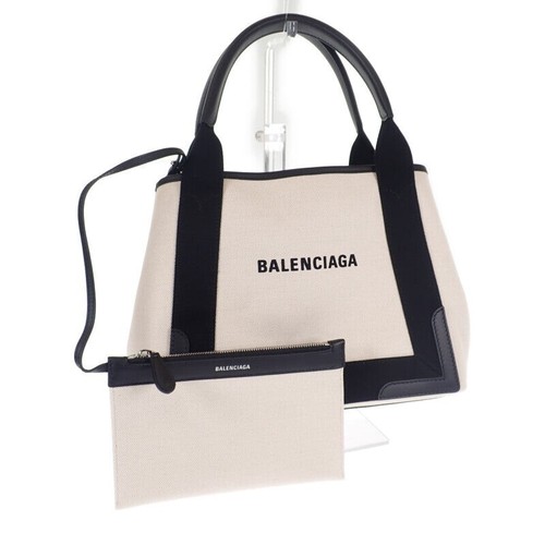 BALENCIAGA Navy Small Cabas Tote Bag Canvas Leather Beige Woman's TGIS