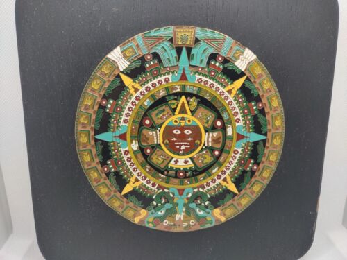 Maya Azteken Kalender Wandbild Plakette Mexiko Holzsockel Legende auf der Rückseite - Bild 2 von 15