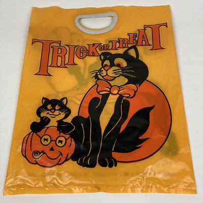 VTG 70s 80s Halloween Plastic Trick or Treat Bag Black Cat JOL B&E