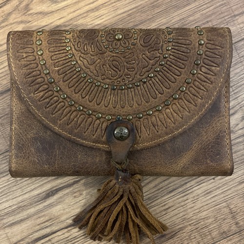 Patricia Nash Wallet Clutch Italian Leather Brown / Gold Brass Rivets Beautiful