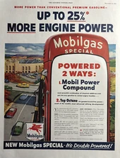 1954 Mobilgas Special More Engine Power Special Pump Double Vintage Print Ad