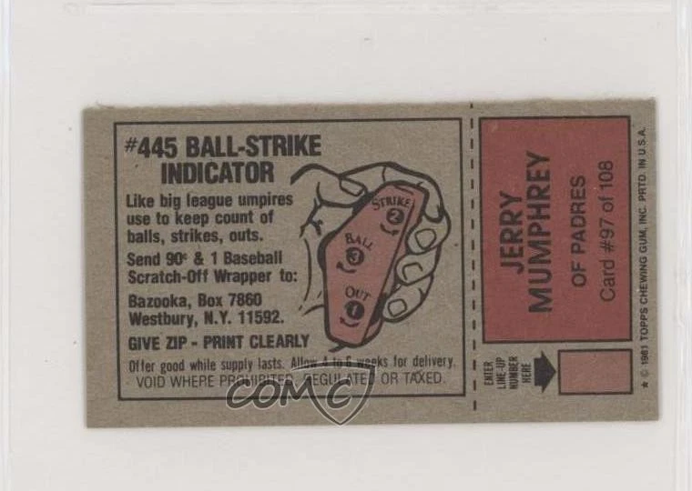 1981 Topps Baseball Scratch-Off Separated Jerry Mumphrey (Ball-Strike Indicator) - Image 2 of 2