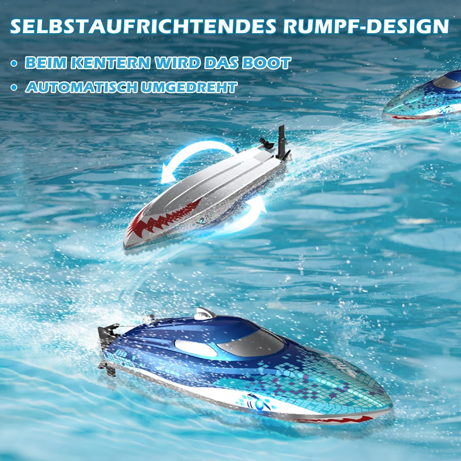 DEERC RC Boot mit LED-Licht,ferngesteuertes Haiboot für Pools und Seen, 20 kmh
