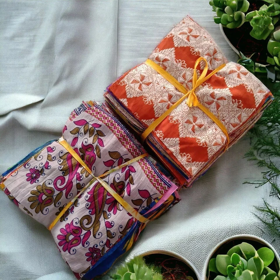 Indian Vintage 25 Pc Of Recycle Silk Sari Remnants/Fabric 8"X8" Fabric Scraps - Image 3 of 4