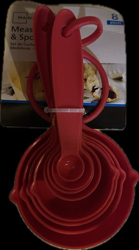 MAINSTAYS RED 8 PIECE MEASURING CUP SPOONS SET KITCHEN TOOLS DORM BAKE GIFT NEW - Picture 3 of 6