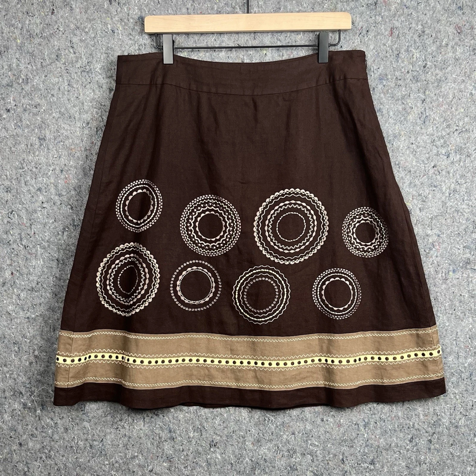 Talbots Linen A-Line Skirt Womens 14 Brown With Embroidered Circles Boho Artsy