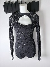 Balera Dance Costume Black Lace Sequins Long Sleeve Romper One Piece Size SA
