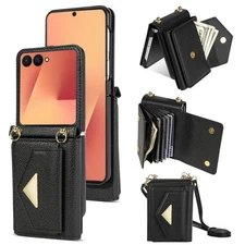For Samsung Galaxy Z Flip 7/6/5/4/3 Magnetic Leather Wallet Case Shoulder Strap 