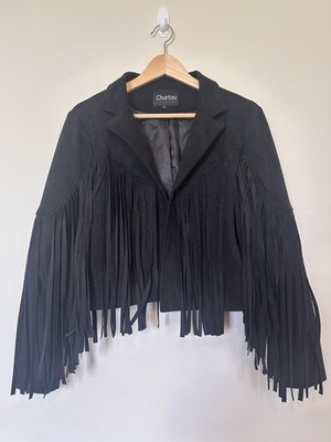 Chartou Women s Black Fringe Crop Open-Front Lined Country Western Jacket Sz S