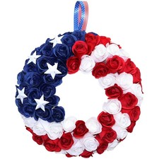 Silk Roses 4th of July Wreath, Red White Blue Patriotic Wreaths for Front Door,