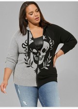 Torrid 3 Skull LUXE Colorblock Sweater 3x 22/24 Zip Cozy Halloween Hoodie Punk