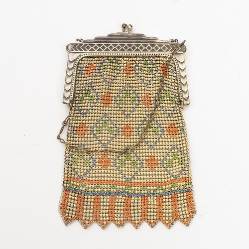 Antique 1920's Whiting & Davis Mesh Bag Purse Geometric Design Orange Blue Green - Picture 3 of 5
