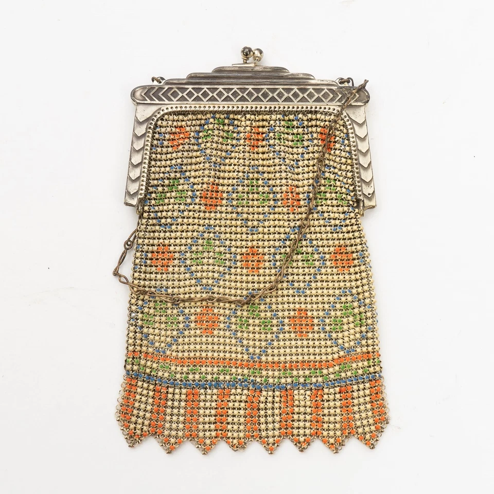 Antiguo bolso de malla Whiting & Davis de 1920 diseño geométrico naranja azul verde Foto 3 de 4