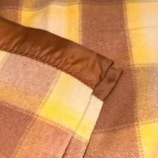 Vtg Pastel Plaid Satin Trim Acrylic Blanket 76 x80 brown yellow w/brown trim