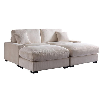 Pemberly Row Oversized Loveseat Sectional Sofa 2 Movable Ottomans Pillows Beige