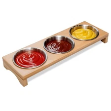 Chip and Dip Serving Set with Wooden Tray, 3.2-inch Stainless Steel Serving B...