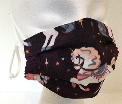 Adjustable Carousel Unicorn Reusable Face mask 100% cotton 2 layers with pocket
