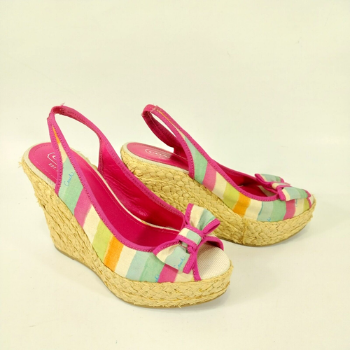 Coach Sandals 7.5 M Espadrille Pink Multicolor Wedge Grace Watercolor Slingback