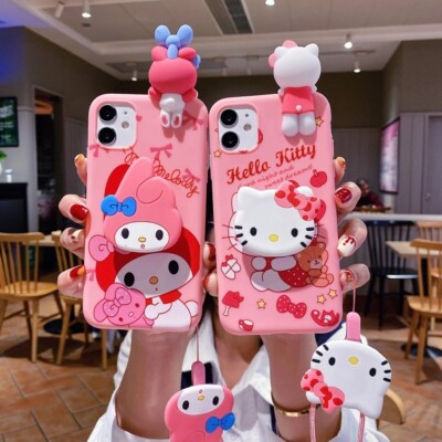For iPhone 16 15 Pro Max 14 13 12 11 X 7 8 Cute Hello Kitty 3D Phone Holder Case