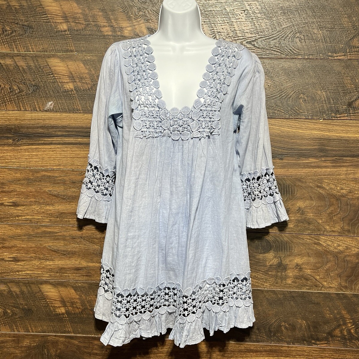 Lace Trim Swim Cover Up Dress Crochet Beach Tunic Juniors XL Blue Cute  Options