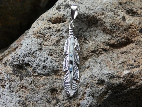 Buffalo Turquoise Handcrafted Feather Sterling Silver Gemstone Pendant Size N83 - Picture 5 of 8