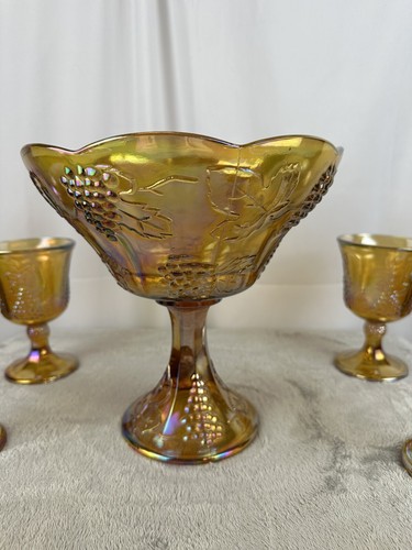 Indiana Glass Amber Marigold Carnival Glass Grape Harvest Compote Set - Picture 3 of 24