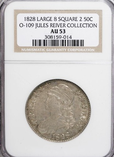 1828 50C Sq 2, Lg 8 Capped Bust Half Dollar O-109 NGC AU-53 Jules Reiver Col.