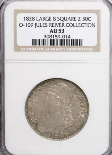 1828 50C Sq 2, Lg 8 Capped Bust Half Dollar O-109 NGC AU-53 Jules Reiver Col.