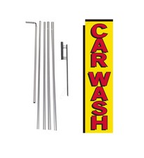 Car Wash yellow/red 15' Advertising Rectangle Banner Flag w/ pole spike swooper