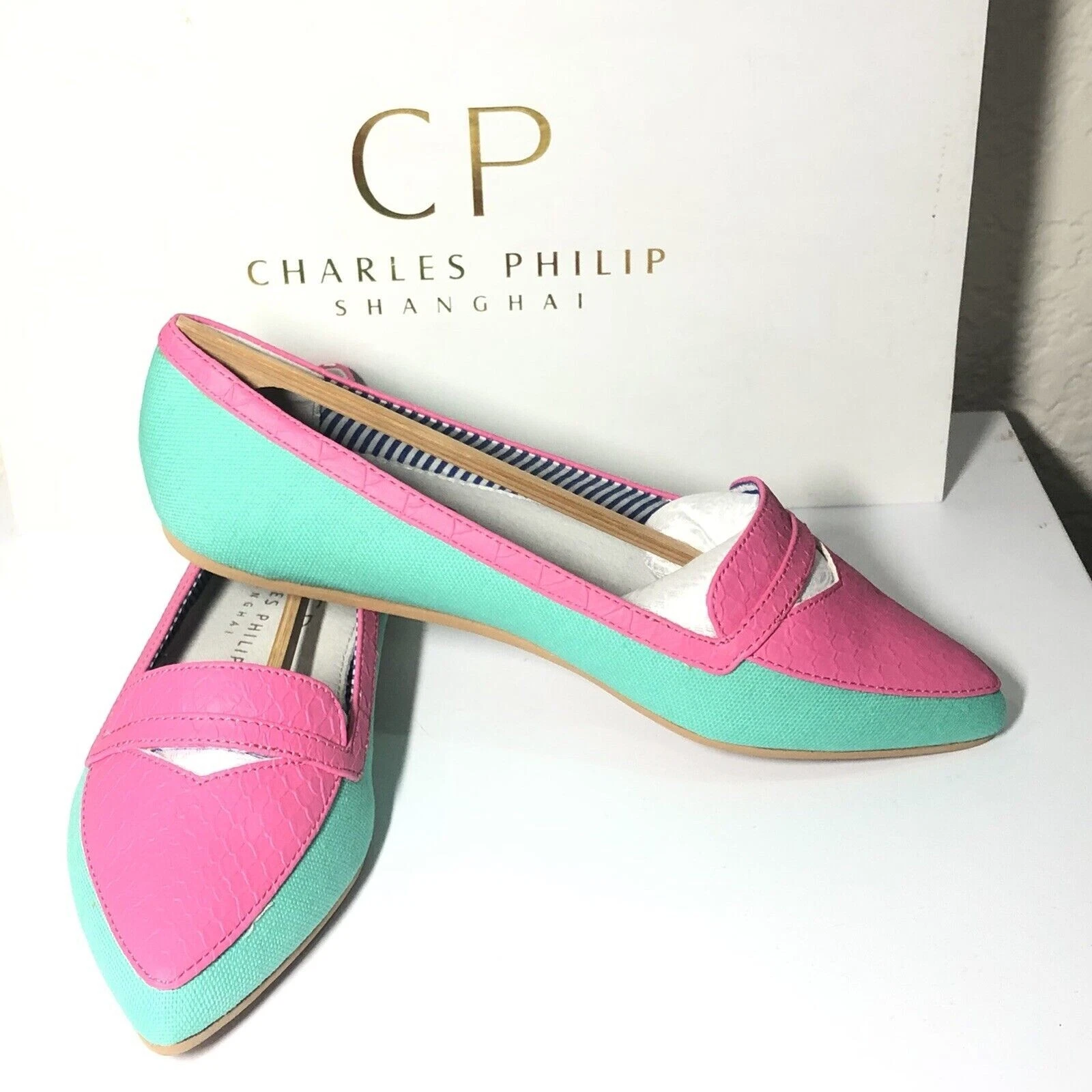Charles Philip Ballet Flat Women's 5M Pink/Jade Inna Pointed Shoes New