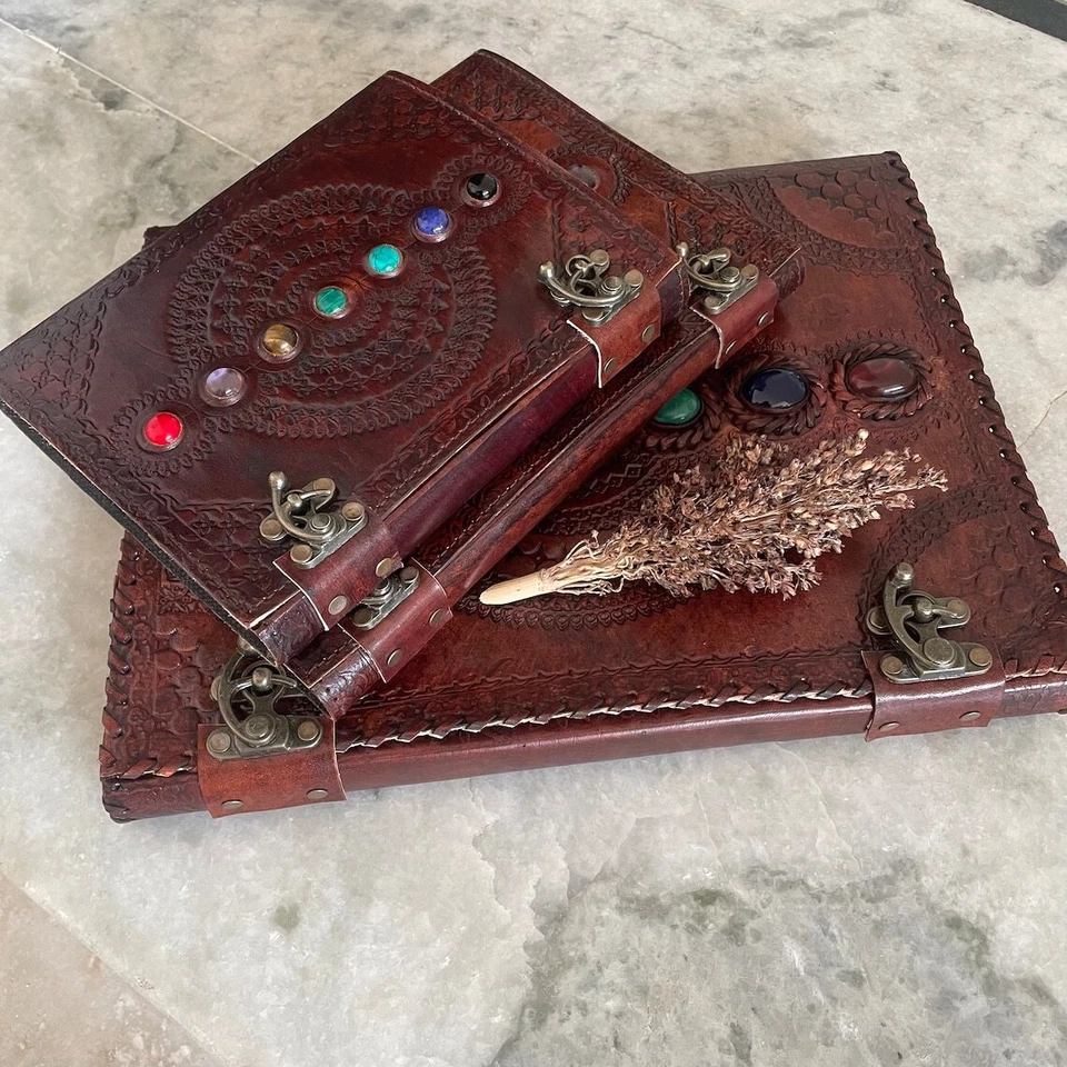 Large Seven Stone Handbound Leather Journal Spell Book Of Shadow Leather Grimoir - Image 4 of 4