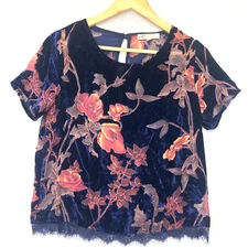 Vtg 90's Jolt Blue Velvet Burnout Sheer Lace Floral Top Medium Goth Grunge Fairy