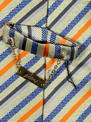 Brioni Necktie Gold w/Orange & Blue Stripes Silk Made in Italy 59 inch Striped - Picture 6 of 9