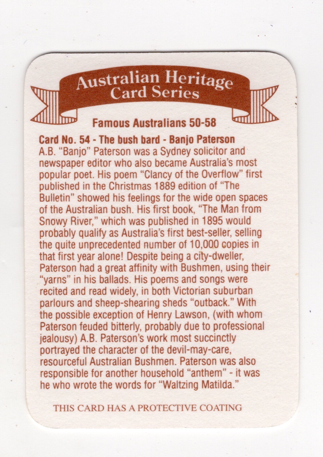 Australian Heritage Card Series Card 54 Banjo Patterson Poet eBay