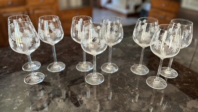 Set Of 9 Etched Dandelion Wine Glasses 8 1/4  X 2 1/2  Sparkly Clean