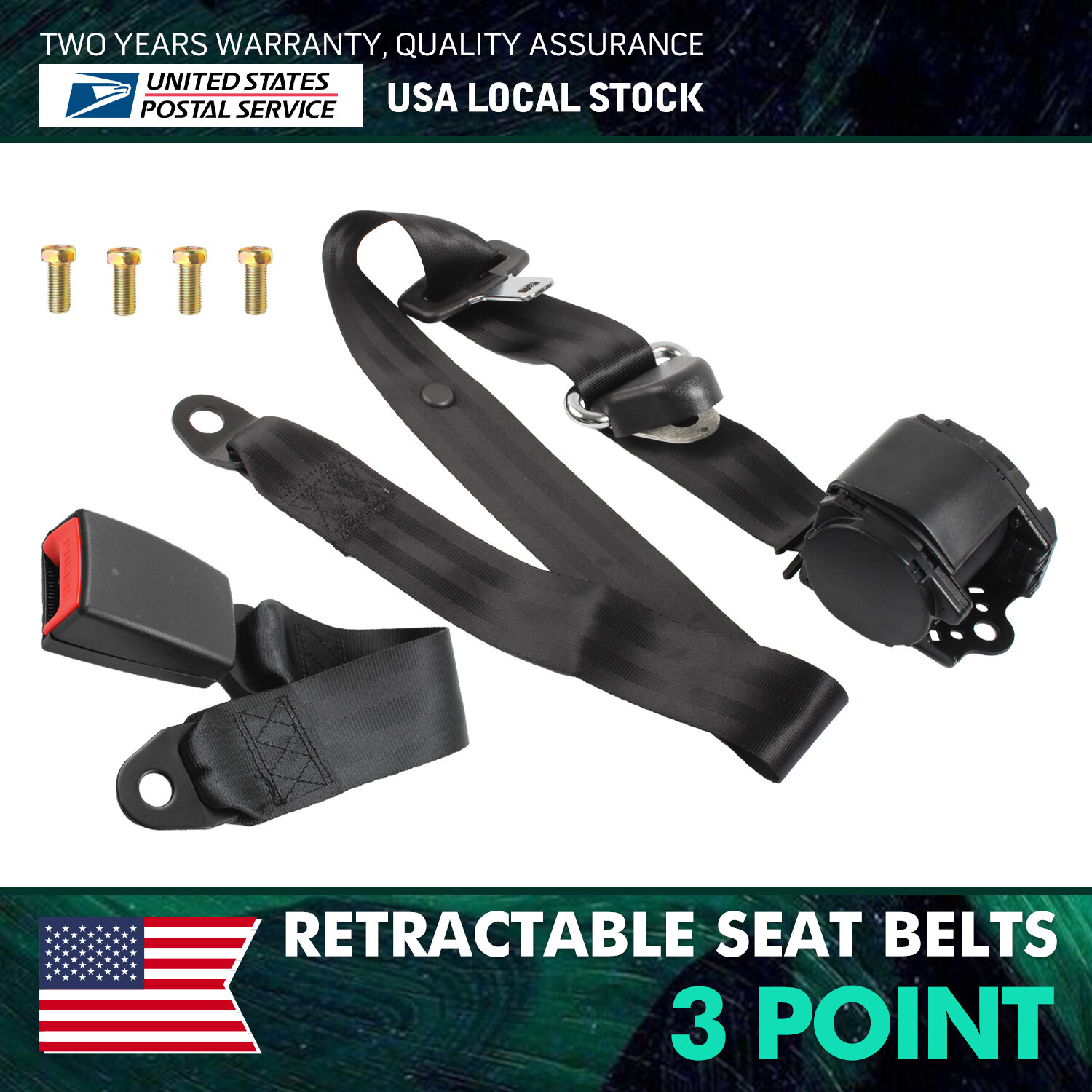 1x Retractable 3 Point Safety Seat Belt Straps Auto Vehicle Adjustable Kit USA