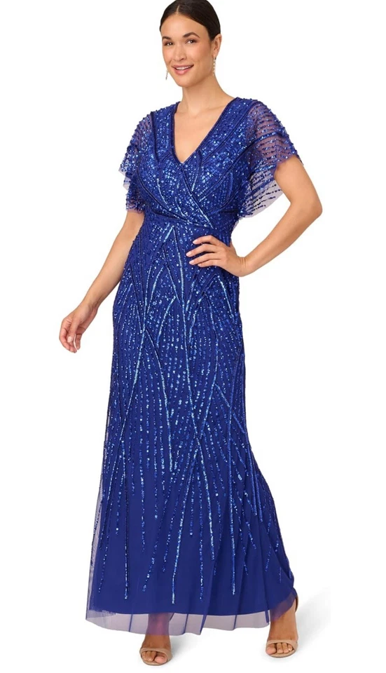 Vestido largo para mujer Adrianna Papell azul adornado manga acampanada talla 12 Foto 3 de 4