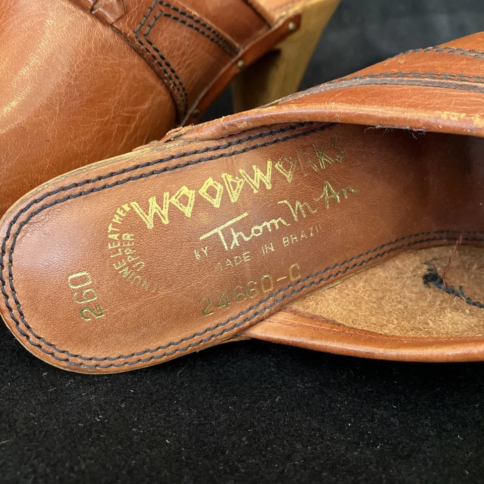"Zuecos vintage para mujer talla 4,5 cuero terracota madera 3"" tacones bohemios años 70" Foto 2 de 4
