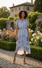 Vince Camuto Women's Printed Smocked Waist Tiered Midi Dress Dusty Blue Cream M