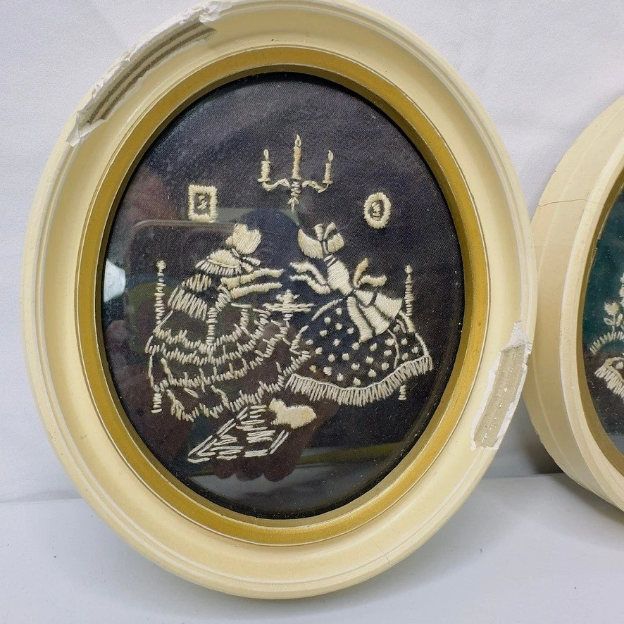 Vintage Embroidered Oval Framed Wall Art Set Country Scene Figures 2pc - Image 4 of 4