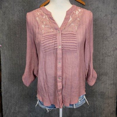 Indigo Rose Boho  Dusty Rose Lace Yoke Pintuck Roll Tab Sleeve Blouse Large