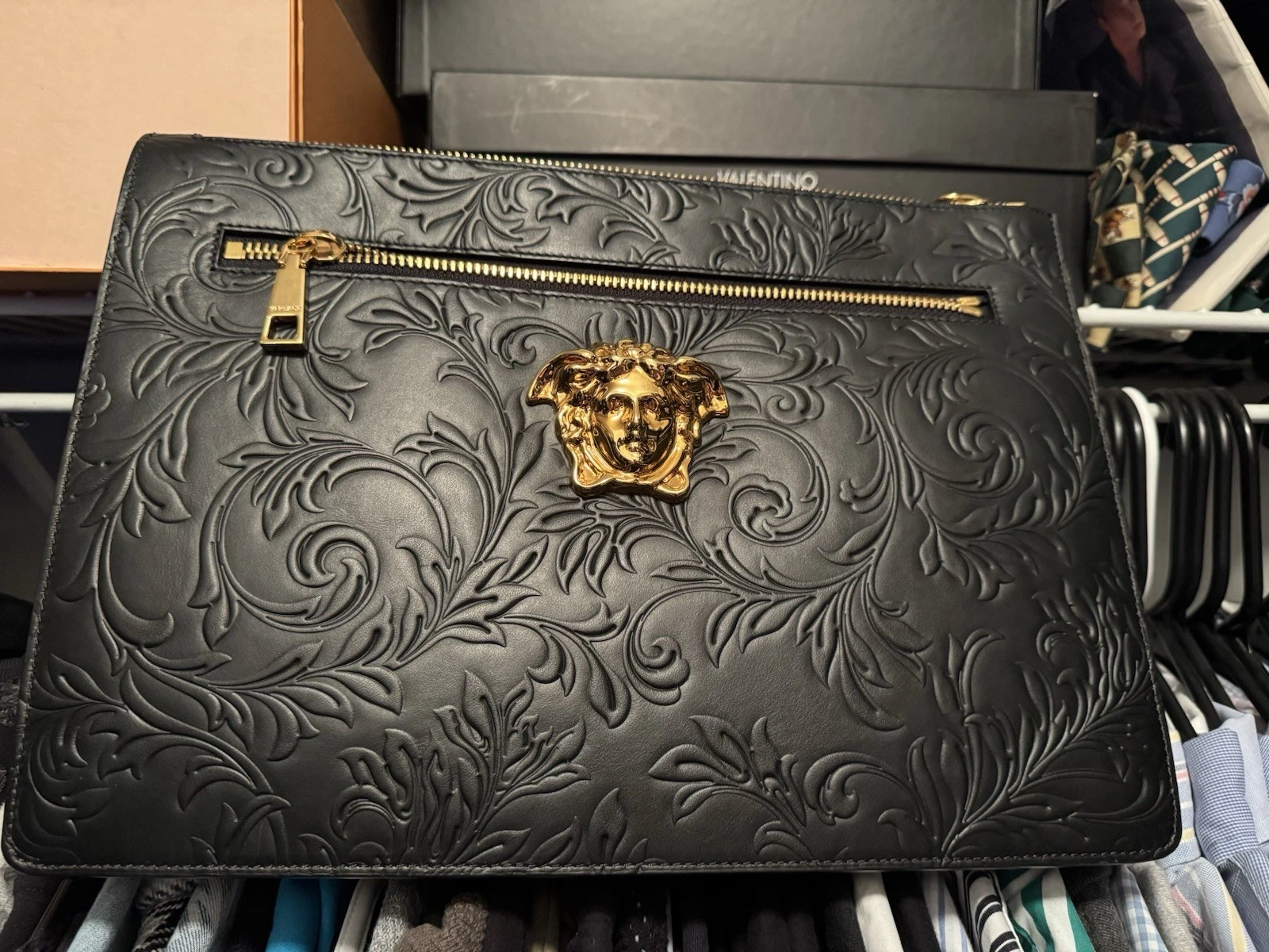 Versace — Versace Baroque Clutch Bag Purse Black Embossed Leather Medusa Logo