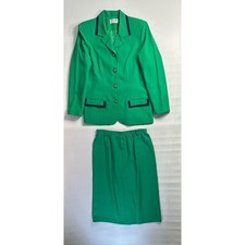 Alfred Dunner Vintage 90s Kelly Green Skirt Suit Set Navy Trim Size 10 USA Made