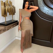 LATEST DESIGN Gold Tassel One Shoulder Asymmetric Maxi Evening Dress UK Size 14