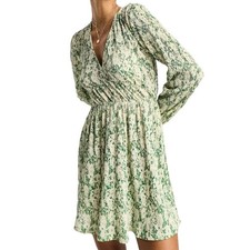 Mango MNG Green White Abstract Floral Plisse V-Neck Long Sleeve Mini Dress M