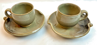 2 Vtg Tokoname ware Cup Saucer Lily Pad Pottery Japanese Signed Glazed