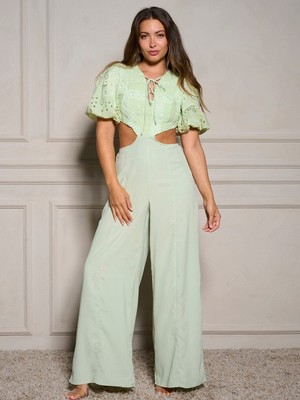 Chicways Cut- Out Eyelet Jumpsuit  Pale GREEN  Lined   SZ LARGE