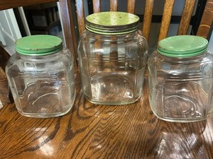 3 Vtg Hoosier Glass Jars with Green Lids, 1940's-Great Condition