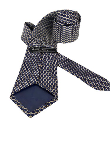 Salvatore Ferragamo Tie Dog Geometric Print Silk Dark Blue Necktie Free shipping - Picture 5 of 13