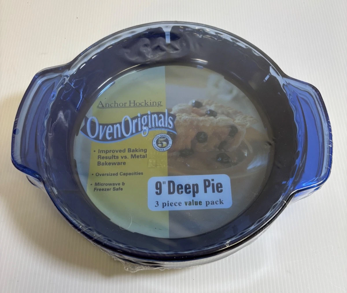 New 3 VINTAGE ANCHOR OVENWARE COBALT BLUE 9" DEEP DISH FLUTED PIE PLATE 69645